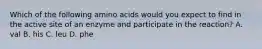 Which of the following amino acids would you expect to find in the active site of an enzyme and participate in the reaction? A. val B. his C. leu D. phe