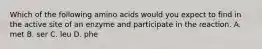 Which of the following amino acids would you expect to find in the active site of an enzyme and participate in the reaction. A. met B. ser C. leu D. phe