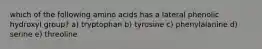 which of the following amino acids has a lateral phenolic hydroxyl group? a) tryptophan b) tyrosine c) phenylalanine d) serine e) threoline