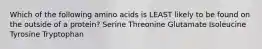 Which of the following amino acids is LEAST likely to be found on the outside of a protein? Serine Threonine Glutamate Isoleucine Tyrosine Tryptophan