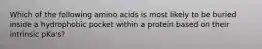 Which of the following amino acids is most likely to be buried inside a hydrophobic pocket within a protein based on their intrinsic pKa's?