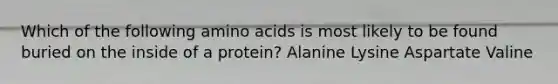 Which of the following <a href='https://www.questionai.com/knowledge/k9gb720LCl-amino-acids' class='anchor-knowledge'>amino acids</a> is most likely to be found buried on the inside of a protein? Alanine Lysine Aspartate Valine