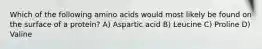 Which of the following amino acids would most likely be found on the surface of a protein? A) Aspartic acid B) Leucine C) Proline D) Valine