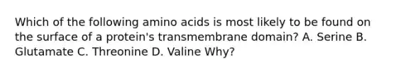 Which of the following amino acids is most likely to be found on the surface of a protein's transmembrane domain? A. Serine B. Glutamate C. Threonine D. Valine Why?