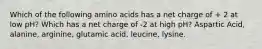 Which of the following amino acids has a net charge of + 2 at low pH? Which has a net charge of -2 at high pH? Aspartic Acid, alanine, arginine, glutamic acid, leucine, lysine.