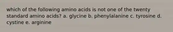 which of the following amino acids is not one of the twenty standard amino acids? a. glycine b. phenylalanine c. tyrosine d. cystine e. arginine