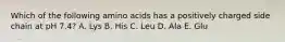 Which of the following amino acids has a positively charged side chain at pH 7.4? A. Lys B. His C. Leu D. Ala E. Glu