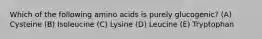 Which of the following amino acids is purely glucogenic? (A) Cysteine (B) Isoleucine (C) Lysine (D) Leucine (E) Tryptophan