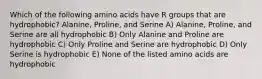 Which of the following amino acids have R groups that are hydrophobic? Alanine, Proline, and Serine A) Alanine, Proline, and Serine are all hydrophobic B) Only Alanine and Proline are hydrophobic C) Only Proline and Serine are hydrophobic D) Only Serine is hydrophobic E) None of the listed amino acids are hydrophobic