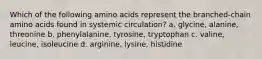 Which of the following amino acids represent the branched-chain amino acids found in systemic circulation? a. glycine, alanine, threonine b. phenylalanine, tyrosine, tryptophan c. valine, leucine, isoleucine d. arginine, lysine, histidine