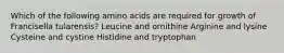 Which of the following amino acids are required for growth of Francisella tularensis? Leucine and ornithine Arginine and lysine Cysteine and cystine Histidine and tryptophan