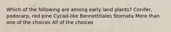 Which of the following are among early land plants? Conifer, podocarp, red pine Cycad-like Bennettitales Stomata More than one of the choices All of the choices