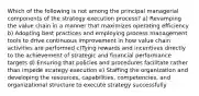 Which of the following is not among the principal managerial components of the strategy execution process? a) Revamping the value chain in a manner that maximizes operating efficiency b) Adopting best practices and employing process management tools to drive continuous improvement in how value chain activities are performed c)Tying rewards and incentives directly to the achievement of strategic and financial performance targets d) Ensuring that policies and procedures facilitate rather than impede strategy execution e) Staffing the organization and developing the resources, capabilities, competencies, and organizational structure to execute strategy successfully