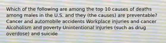 Which of the following are among the top 10 causes of deaths among males in the U.S. and they (the causes) are preventable? Cancer and automobile accidents Workplace injuries and cancer Alcoholism and poverty Unintentional injuries (such as drug overdose) and suicide