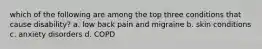 which of the following are among the top three conditions that cause disability? a. low back pain and migraine b. skin conditions c. anxiety disorders d. COPD