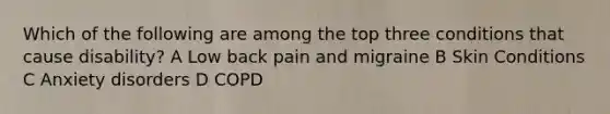 Which of the following are among the top three conditions that cause disability? A Low back pain and migraine B Skin Conditions C Anxiety disorders D COPD