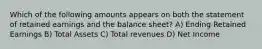 Which of the following amounts appears on both the statement of retained earnings and the balance sheet? A) Ending Retained Earnings B) Total Assets C) Total revenues D) Net Income