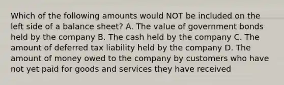 Which of the following amounts would NOT be included on the left side of a balance sheet? A. The value of government bonds held by the company B. The cash held by the company C. The amount of deferred tax liability held by the company D. The amount of money owed to the company by customers who have not yet paid for goods and services they have received