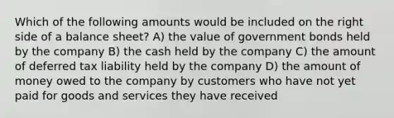 Which of the following amounts would be included on the right side of a balance sheet? A) the value of government bonds held by the company B) the cash held by the company C) the amount of deferred tax liability held by the company D) the amount of money owed to the company by customers who have not yet paid for goods and services they have received