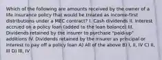 Which of the following are amounts received by the owner of a life insurance policy that would be treated as income-first distributions under a MEC contract? I. Cash dividends II. Interest accrued on a policy loan (added to the loan balance) III. Dividends retained by the insurer to purchase "paid-up" additions IV. Dividends retained by the insurer as principal or interest to pay off a policy loan A) All of the above B) I, II, IV C) II, III D) III, IV