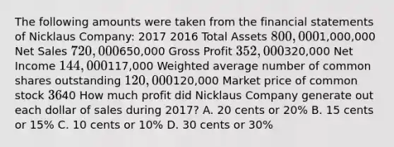 The following amounts were taken from the financial statements of Nicklaus Company: 2017 2016 Total Assets 800,0001,000,000 Net Sales 720,000650,000 Gross Profit 352,000320,000 Net Income 144,000117,000 Weighted average number of common shares outstanding 120,000120,000 Market price of common stock 3640 How much profit did Nicklaus Company generate out each dollar of sales during 2017? A. 20 cents or 20% B. 15 cents or 15% C. 10 cents or 10% D. 30 cents or 30%