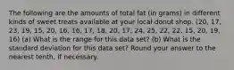 The following are the amounts of total fat (in grams) in different kinds of sweet treats available at your local donut shop. (20, 17, 23, 19, 15, 20, 16, 16, 17, 18, 20, 17, 24, 25, 22, 22, 15, 20, 19, 16) (a) What is the range for this data set? (b) What is the standard deviation for this data set? Round your answer to the nearest tenth, if necessary.