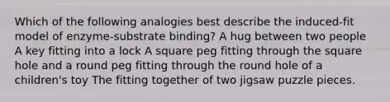 Which of the following analogies best describe the induced-fit model of enzyme-substrate binding? A hug between two people A key fitting into a lock A square peg fitting through the square hole and a round peg fitting through the round hole of a children's toy The fitting together of two jigsaw puzzle pieces.