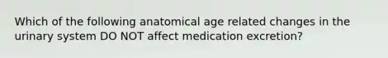 Which of the following anatomical age related changes in the urinary system DO NOT affect medication excretion?