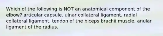 Which of the following is NOT an anatomical component of the elbow? articular capsule. ulnar collateral ligament. radial collateral ligament. tendon of the biceps brachii muscle. anular ligament of the radius.