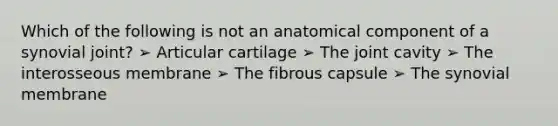 Which of the following is not an anatomical component of a synovial joint? ➢ Articular cartilage ➢ The joint cavity ➢ The interosseous membrane ➢ The fibrous capsule ➢ The synovial membrane