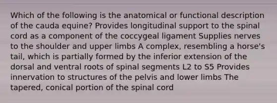 Which of the following is the anatomical or functional description of the cauda equine? Provides longitudinal support to <a href='https://www.questionai.com/knowledge/kkAfzcJHuZ-the-spinal-cord' class='anchor-knowledge'>the spinal cord</a> as a component of the coccygeal ligament Supplies nerves to the shoulder and <a href='https://www.questionai.com/knowledge/kJyXBSF4I2-upper-limb' class='anchor-knowledge'>upper limb</a>s A complex, resembling a horse's tail, which is partially formed by the inferior extension of the dorsal and ventral roots of spinal segments L2 to S5 Provides innervation to structures of the pelvis and <a href='https://www.questionai.com/knowledge/kF4ILRdZqC-lower-limb' class='anchor-knowledge'>lower limb</a>s The tapered, conical portion of the spinal cord