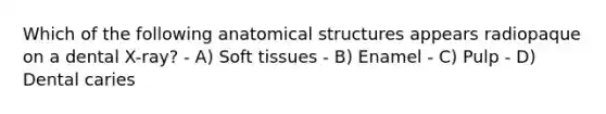 Which of the following anatomical structures appears radiopaque on a dental X-ray? - A) Soft tissues - B) Enamel - C) Pulp - D) Dental caries