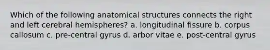 Which of the following anatomical structures connects the right and left cerebral hemispheres? a. longitudinal fissure b. corpus callosum c. pre-central gyrus d. arbor vitae e. post-central gyrus