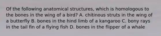 Of the following anatomical structures, which is homologous to the bones in the wing of a bird? A. chitinous struts in the wing of a butterfly B. bones in the hind limb of a kangaroo C. bony rays in the tail fin of a flying fish D. bones in the flipper of a whale