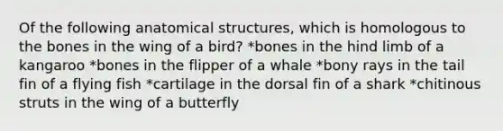 Of the following anatomical structures, which is homologous to the bones in the wing of a bird? *bones in the hind limb of a kangaroo *bones in the flipper of a whale *bony rays in the tail fin of a flying fish *cartilage in the dorsal fin of a shark *chitinous struts in the wing of a butterfly