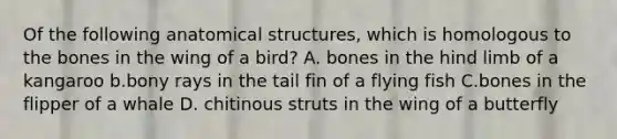 Of the following anatomical structures, which is homologous to the bones in the wing of a bird? A. bones in the hind limb of a kangaroo b.bony rays in the tail fin of a flying fish C.bones in the flipper of a whale D. chitinous struts in the wing of a butterfly