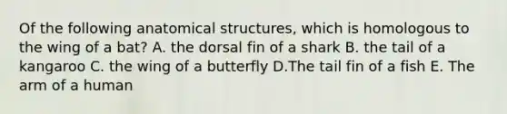 Of the following anatomical structures, which is homologous to the wing of a bat? A. the dorsal fin of a shark B. the tail of a kangaroo C. the wing of a butterfly D.The tail fin of a fish E. The arm of a human