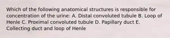 Which of the following anatomical structures is responsible for concentration of the urine: A. Distal convoluted tubule B. Loop of Henle C. Proximal convoluted tubule D. Papillary duct E. Collecting duct and loop of Henle