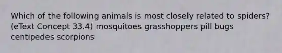 Which of the following animals is most closely related to spiders? (eText Concept 33.4) mosquitoes grasshoppers pill bugs centipedes scorpions