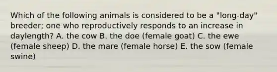 Which of the following animals is considered to be a "long-day" breeder; one who reproductively responds to an increase in daylength? A. the cow B. the doe (female goat) C. the ewe (female sheep) D. the mare (female horse) E. the sow (female swine)