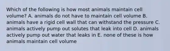 Which of the following is how most animals maintain cell volume? A. animals do not have to maintain cell volume B. animals have a rigid cell wall that can withstand the pressure C. animals actively pump out solutes that leak into cell D. animals actively pump out water that leaks in E. none of these is how animals maintain cell volume