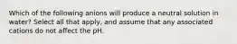 Which of the following anions will produce a neutral solution in water? Select all that apply, and assume that any associated cations do not affect the pH.