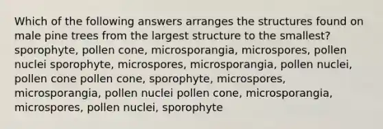 Which of the following answers arranges the structures found on male pine trees from the largest structure to the smallest? sporophyte, pollen cone, microsporangia, microspores, pollen nuclei sporophyte, microspores, microsporangia, pollen nuclei, pollen cone pollen cone, sporophyte, microspores, microsporangia, pollen nuclei pollen cone, microsporangia, microspores, pollen nuclei, sporophyte