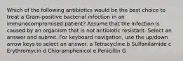 Which of the following antibiotics would be the best choice to treat a Gram-positive bacterial infection in an immunocompromised patient? Assume that the infection is caused by an organism that is not antibiotic resistant. Select an answer and submit. For keyboard navigation, use the up/down arrow keys to select an answer. a Tetracycline b Sulfanilamide c Erythromycin d Chloramphenicol e Penicillin G