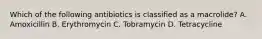 Which of the following antibiotics is classified as a macrolide? A. Amoxicillin B. Erythromycin C. Tobramycin D. Tetracycline