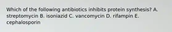 Which of the following antibiotics inhibits protein synthesis? A. streptomycin B. isoniazid C. vancomycin D. rifampin E. cephalosporin