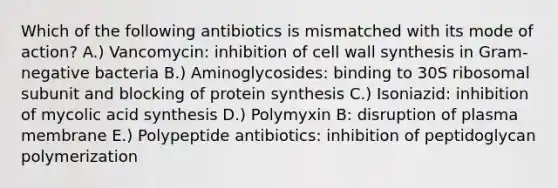 Which of the following antibiotics is mismatched with its mode of action? A.) Vancomycin: inhibition of cell wall synthesis in Gram-negative bacteria B.) Aminoglycosides: binding to 30S ribosomal subunit and blocking of protein synthesis C.) Isoniazid: inhibition of mycolic acid synthesis D.) Polymyxin B: disruption of plasma membrane E.) Polypeptide antibiotics: inhibition of peptidoglycan polymerization