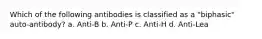 Which of the following antibodies is classified as a "biphasic" auto-antibody? a. Anti-B b. Anti-P c. Anti-H d. Anti-Lea