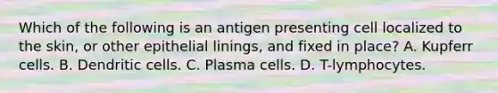 Which of the following is an antigen presenting cell localized to the skin, or other epithelial linings, and fixed in place? A. Kupferr cells. B. Dendritic cells. C. Plasma cells. D. T-lymphocytes.