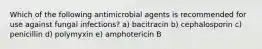 Which of the following antimicrobial agents is recommended for use against fungal infections? a) bacitracin b) cephalosporin c) penicillin d) polymyxin e) amphotericin B